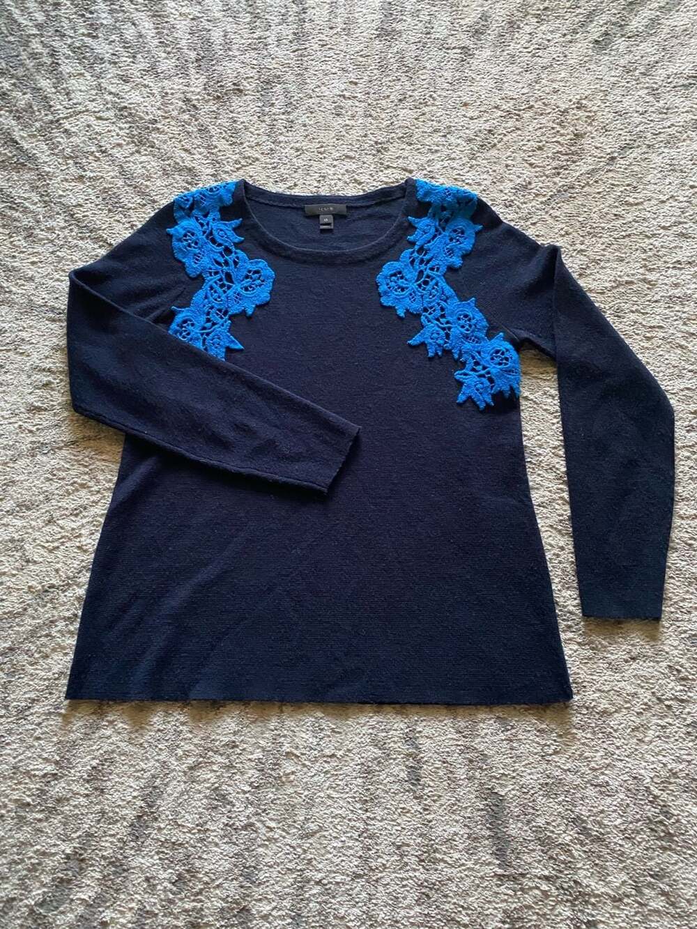 J.Crew Women's Azurite Blue Lace Appliqué Crew Neck Merino Wool Blend Sweater XS